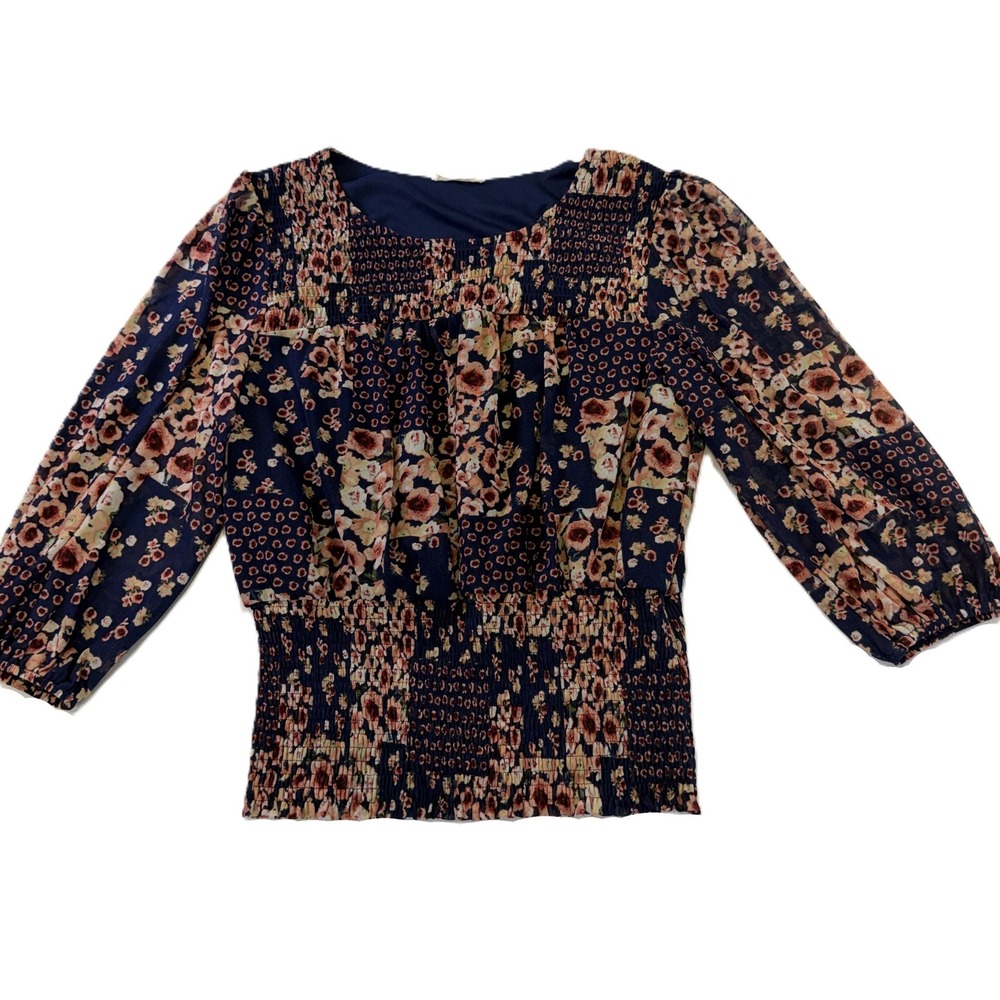 Ember Navy Floral Patchwork Smocked Waist Blouse Top Medium Cottagecore 338A4